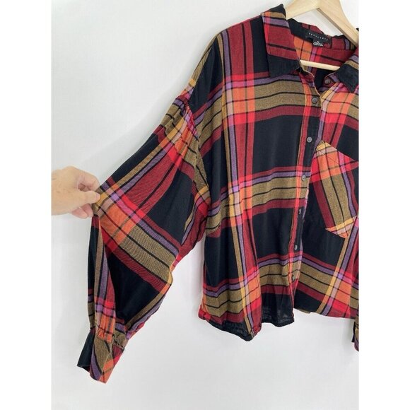 Sanctuary Plus Size Cropped Flannel Multicolor Plaid Puff‎ Sleeve Top Sz 2x Boho - Picture 5 of 10